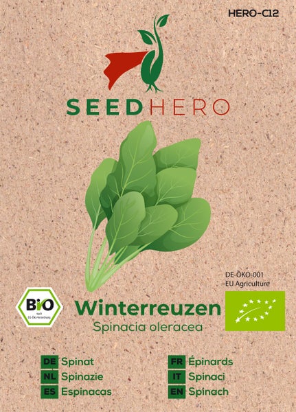 Seedhero Logo, Bio-Saatgut für Spinat Winterreuzen, Spinacia oleracea, mit Bio-Siegel und Bio-Siegel der Europäischen Union.