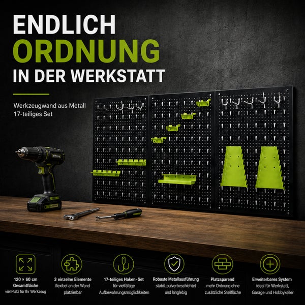 17-teilige Werkzeugwand aus Metall mit Haken und Halterungen für die Werkstattorganisation auf einer Werkbank.