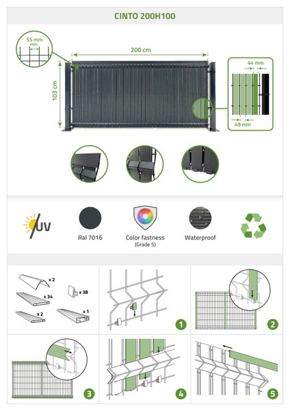 PVC-Sichtschutzlamellen-Set 2m CINTO H.100cm grau
