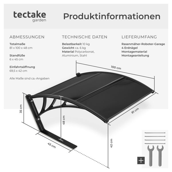 Produktinformationen zur Rasenmäher Roboter Garage von tectake Garden mit Maßen, technischen Daten und Lieferumfang.