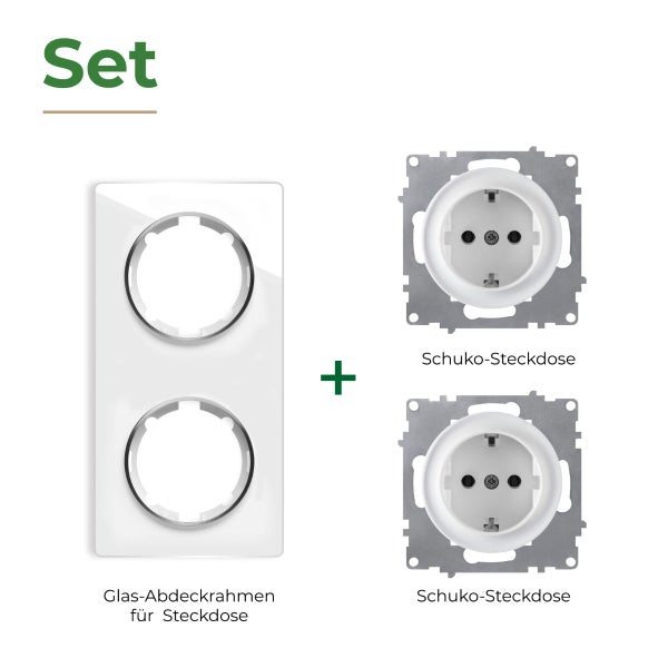 Set bestehend aus einem zweifachen Glas Abdeckrahmen und zwei Schuko Steckdosen Einsätzen für die Unterputz Montage.