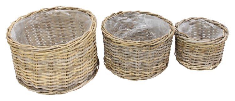 FRANK FLECHTWAREN | Pflanzkorb Rattan, 3er Set, Ø 26 x 17 cm, Ø 32 x 19 cm, Ø 40 x 23 cm, RATTAN, FOLIE