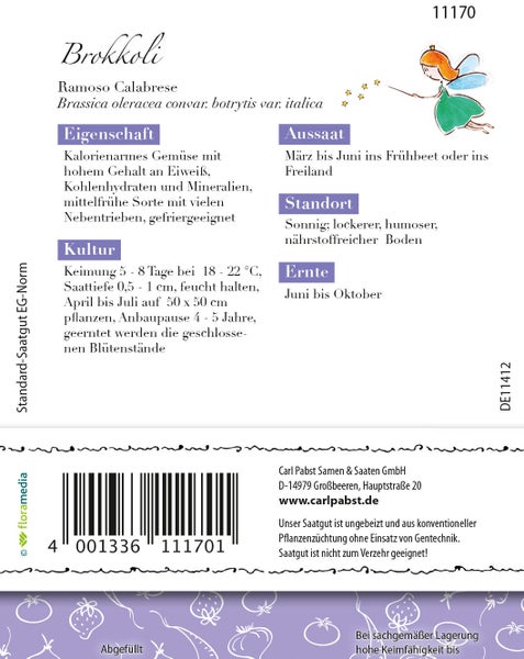 Rückseite der Samentüte für Brokkoli Ramoso Calabrese mit Anleitungen zu Aussaat, Standort, Kultur und Ernte sowie Produkteigenschaften.