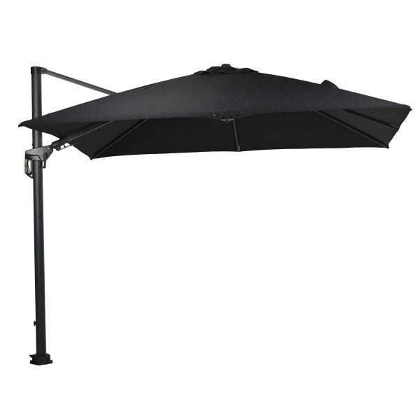 Schwarzer Ampelschirm mit quadratischem Sonnendach und stabilem Mast aus Metall.