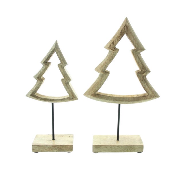 Zwei hölzerne Weihnachtsbaumfiguren auf Sockel