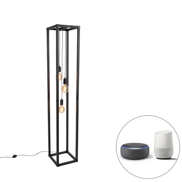 QAZQA - Design Smarte Stehlampe schwarz 3-flammig inkl. Wifi G95 - Big Cage I Wohnzimmer I Schlafzimmer - Stahl Rechteckig I Länglich - LED geeignet E27