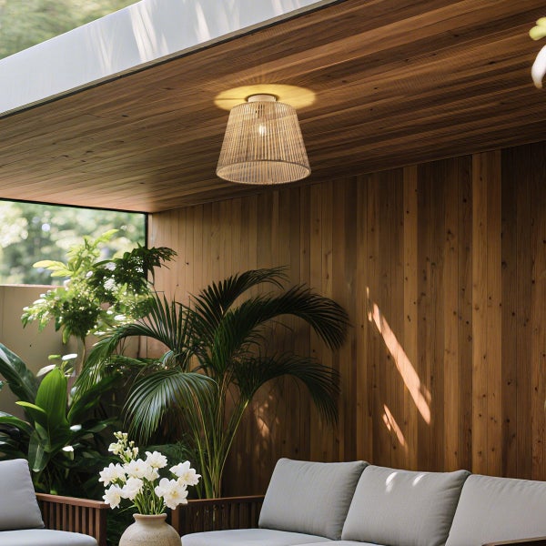 Außen-Deckenleuchte in Korboptik an einer Holzdecke über einem Loungebereich mit Pflanzen und Sofa.