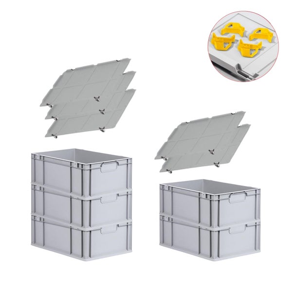 PROREGAL Spar Set 5x Eurobox Nextgen Economy Mit Auflagedeckel & 4x Schiebeschnappverschlüsse Gelb Griffe Geschlossen HxBxT 22 x 40 x 60 cm 44 Liter