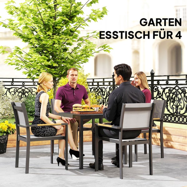 Outsunny Gartentisch Aluminium 73x73 cm Wetterfest Buffettisch mit Holzoptik, Campingtisch für 4 Personen rutschfest Balkontisch Outdoor Esstisch für Garten, Terrasse Balkon Schwarz