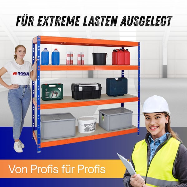 Schwerlastregal von Proregal für extreme Lasten, vier Ebenen mit Kanistern und Werkzeug, helles Lager mit Fachpersonal und Proregal Logo.