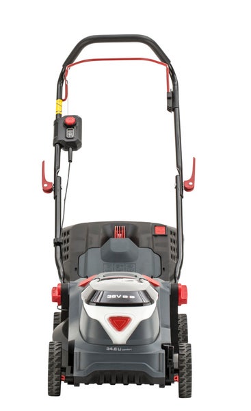 AL-KO Logo. Übersicht verschiedener Akku-Gartengeräte wie Rasenmäher, Mähroboter und Heckenschere für das 18 Volt und 36 Volt Akku-System.