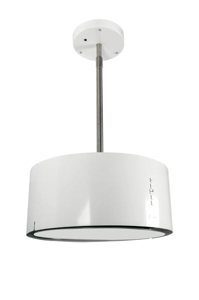 Inselhaube Gurari, zylindrische Abzugshaube zur Deckenmontage mit Bedienfeld und Deckenanschluss.