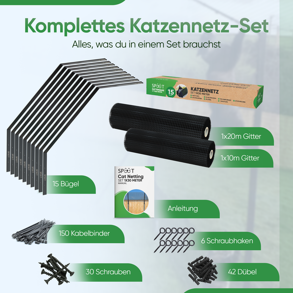 Komplettes Katzennetz-Set inklusive 15 Bügeln, zwei Rollen Schutznetz, 150 Kabelbindern, 6 Schraubhaken, 30 Schrauben, 42 Dübeln und Anleitung.