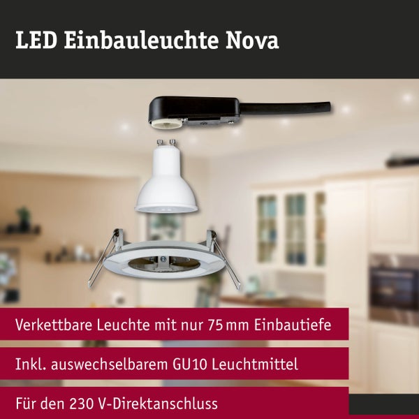 LED Einbauleuchte Nova mit GU10 Leuchtmittel, Einbaurahmen und Anschlussdose für 230 Volt Direktanschluss, 75 Millimeter Einbautiefe.
