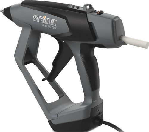 Heißklebepistole Steinel GluePRO 300 mit ergonomischem Griff, Abzug und eingesetztem Klebestick.