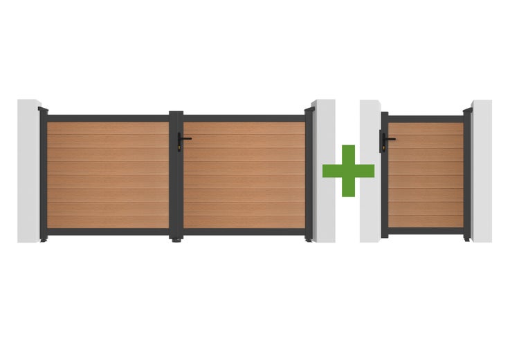 Set aus zweiflügeligem Einfahrtstor und einflügeligem Gartentor mit WPC-Füllung in Holzoptik und dunklem Metallrahmen.