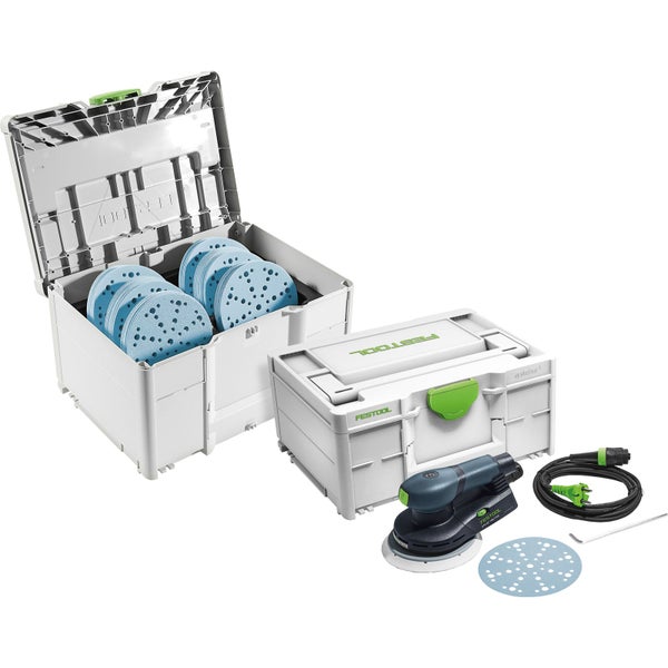 Festool Exzenterschleifer ETS EC 150 mit zwei Systainer Koffern, einem Set blauer Schleifscheiben und einem Netzkabel.
