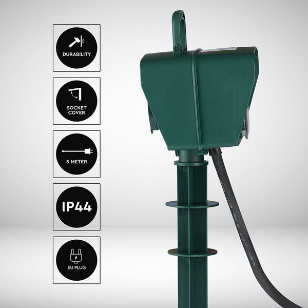 V-TAC VT-1112-3 - 2-Wege-Gartensteckdosen - Grün - IP44 - 3m Kabel - Garden Spike