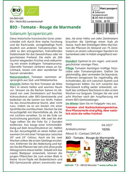 SAFLAX  - BIO - Tomate - Rouge de Marmande - Solanum lycopersicum - 10 Samen