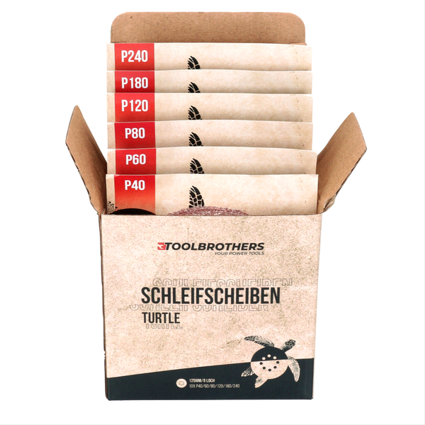 Toolbrothers Schleifscheiben Turtle Set im Karton mit verschiedenen Körnungen P40 bis P240, 125 Millimeter Durchmesser mit 8 Löchern.
