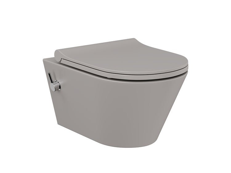 Wand-WC aus Keramik in Grau mit integrierter Bidetfunktion und WC-Sitz.