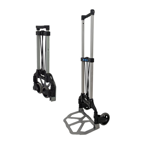 Faltbare Transportkarre aus Aluminium mit zwei Rädern und Spannseil für den einfachen Transport von Lasten