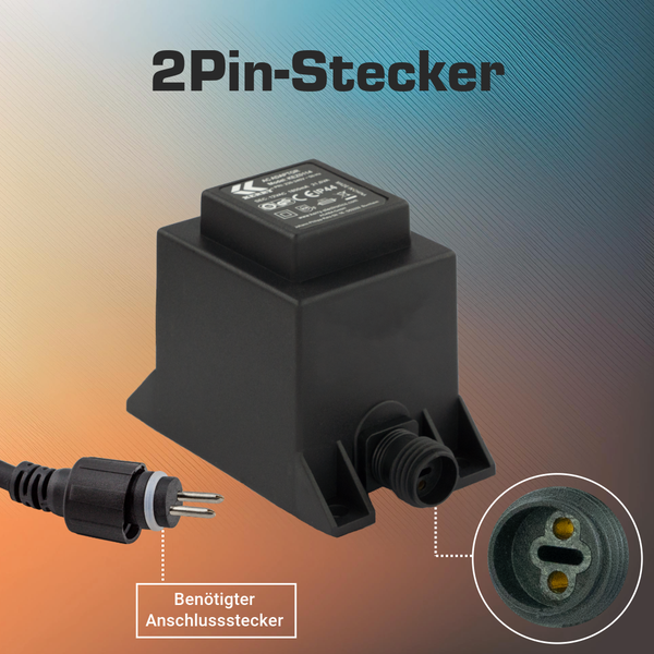 Spritzwassergeschütztes Netzteil mit 2-Pin-Stecker und passender Anschlussbuchse.