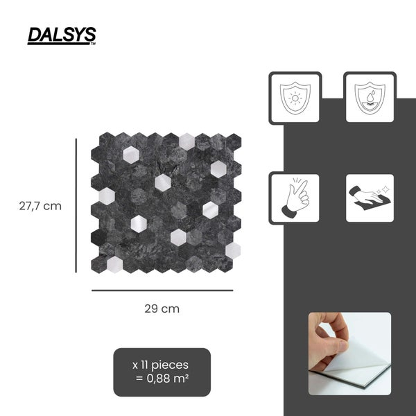 Dalsys Logo, selbstklebende Sechseck-Mosaikfliesen, 29 mal 27,7 Zentimeter, 11 Stück für 0,88 Quadratmeter. UV-beständig, wasserfest, einfache Montage.