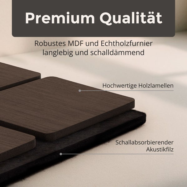 Nahaufnahme eines Akustikpaneels mit Holzlamellen und Echtholzfurnier auf einer Unterlage aus schallabsorbierendem Akustikfilz.