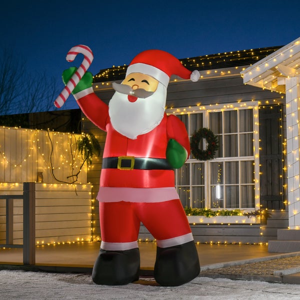 HOMCOM Aufblasbarer Weihnachtsmann mit Zuckerstange, 250 cm LED mit Gebläse, 140 x 85 x 250 cm, Polyester, Weiß+Rot+Grün