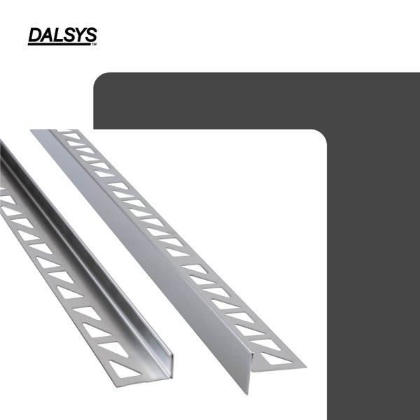 Dalsys Logo. Fliesenprofile aus Aluminium mit gestanztem Schenkel für den Kantenschutz.