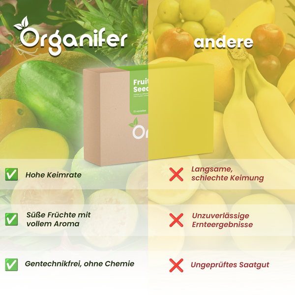 Vergleich von Organifer-Saatgut mit hoher Keimrate, süßen Früchten und ohne Gentechnik mit anderem Saatgut mit langsamer Keimung, unzuverlässigen Ernteergebnissen und ungeprüfter Qualität