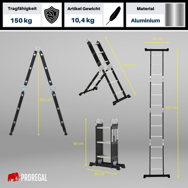 Mehrzweckleiter aus Aluminium von Proregal mit 150 Kilogramm Tragfähigkeit, Gewicht 10,4 Kilogramm, klappbar mit verschiedenen Aufbauvarianten.