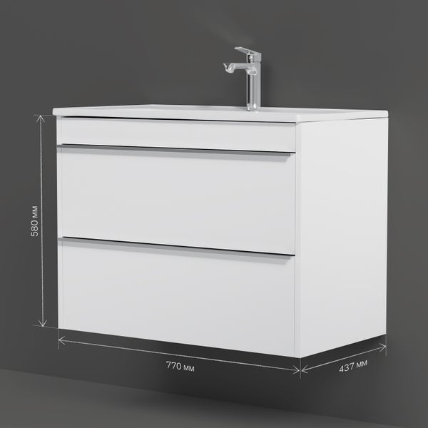 Weißer Waschtisch mit zwei Schubladen, Armatur und Maßangaben 580 mm Höhe, 770 mm Breite und 437 mm Tiefe.