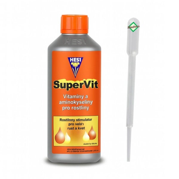 HESI SuperVit Pflanzenhilfsmittel mit Vitaminen und Aminosäuren in einer Flasche mit Dosierpipette.
