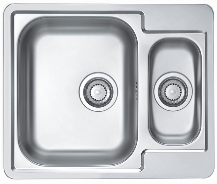 Einbau-Spülbecken aus Edelstahl mit Hauptbecken und kleinem Abtropf- oder Restebecken sowie Ablaufventilen in der Draufsicht.