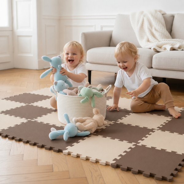 Zwei Kleinkinder spielen mit Stofftieren auf einer quadratischen Puzzlematte in einem hellen Wohnzimmer.