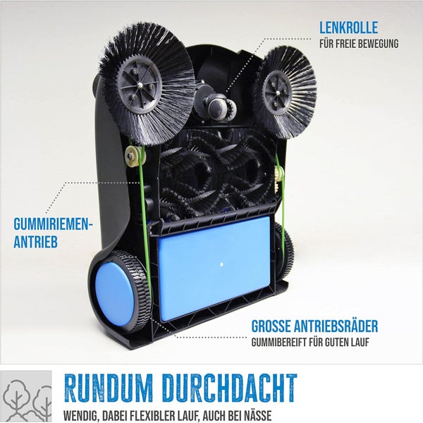 Unterseite einer Kehrmaschine mit Rundbürsten, Gummiriemenantrieb, Lenkrolle und großen gummibereiften Antriebsrädern.