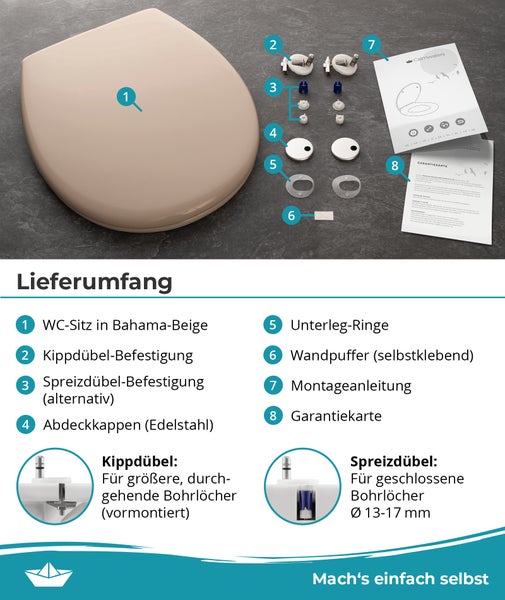 Lieferumfang eines WC Sitzes in Bahama Beige mit Befestigungsmaterial, Montageanleitung und Garantiekarte.