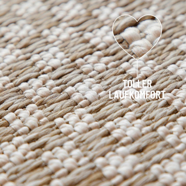 Nahaufnahme der Textur eines gewebten Teppichs mit Hinweis auf hohen Laufkomfort.
