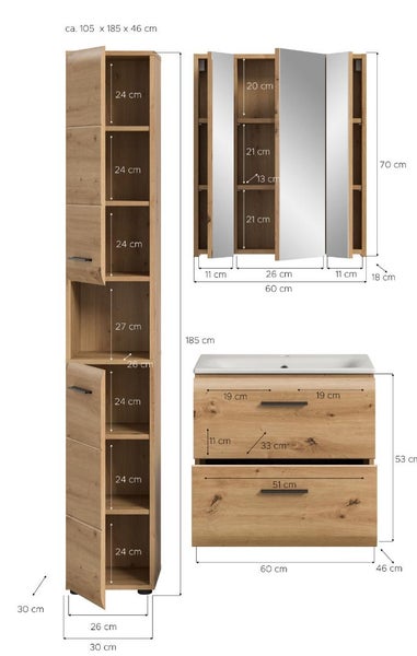 Badezimmermöbel-Set in Holzoptik mit Maßangaben für Hochschrank, Spiegelschrank und Waschbeckenunterschrank in Zentimetern.