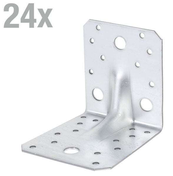 Set mit 24 Balkenwinkeln aus verzinktem Stahl mit Verstärkungssicke und zahlreichen Nagellöchern für Holzverbindungen