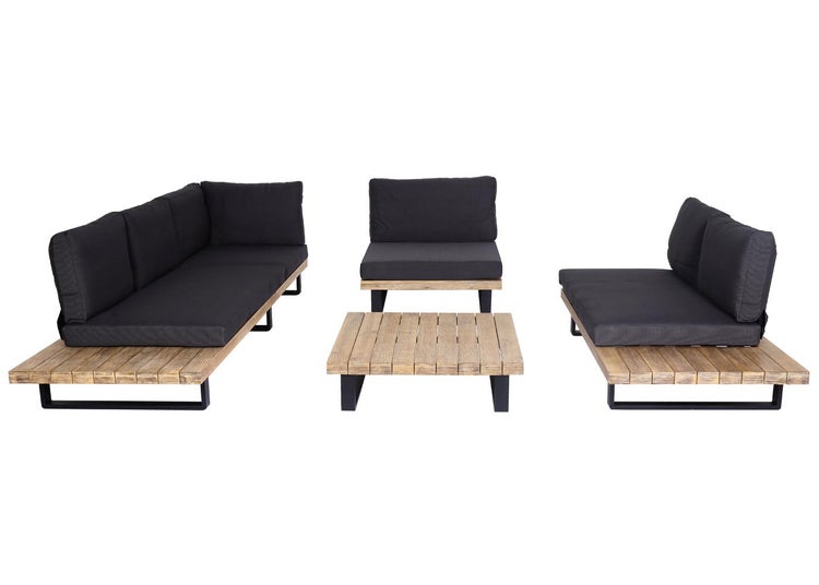 Garten-Lounge-Set aus Holz mit dunklen Polstern, bestehend aus einem Ecksofa, einem Sessel und einem Couchtisch.