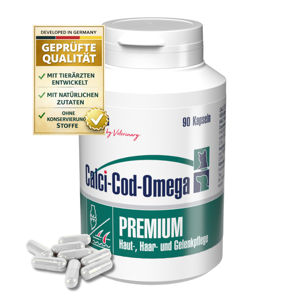 Calci-Cod-Omega Premium Nahrungsergänzung für Hunde und Katzen, 90 Kapseln für Haut, Haar und Gelenke. Mit Tierärzten entwickelt, natürliche Zutaten.