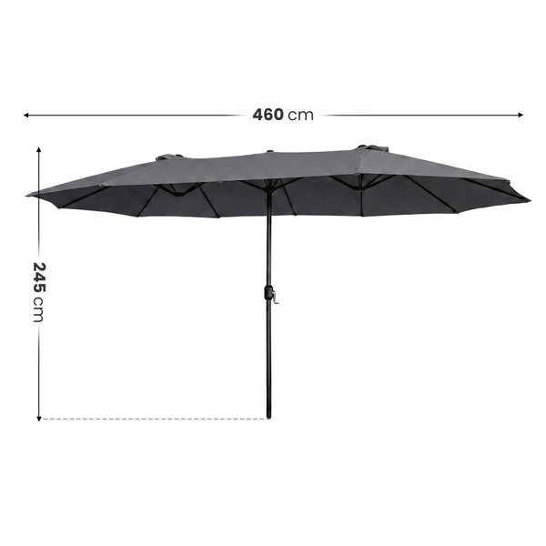 Merkmale eines Sonnenschirms: Handkurbel zum Öffnen, strapazierfähiger Stoff, kompaktes Design und stabile Rahmenkonstruktion.