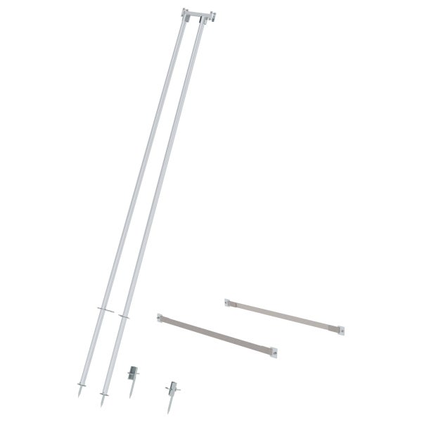 Poolleiter-Befestigungsset aus Edelstahl mit zwei langen Holmen, Erdspießen und Flachbändern für die Montage.