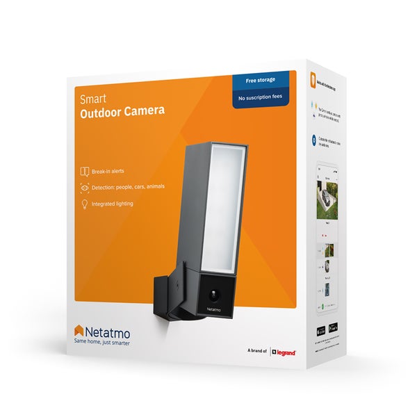 Verpackung der Netatmo Smarte Außenkamera mit integrierter Beleuchtung, Personen- und Fahrzeugerkennung sowie kostenlosem Speicher.