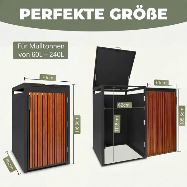 Mülltonnenbox aus Metall mit Holzlatten, Maße circa 70 mal 80 mal 116,3 Zentimeter, für Mülltonnen von 60 bis 240 Liter.
