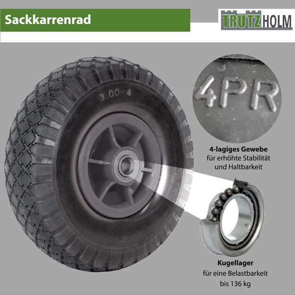 Trutzholm Sackkarrenrad mit 4 PR Gewebe und Kugellager für eine Belastbarkeit bis 136 Kilogramm.