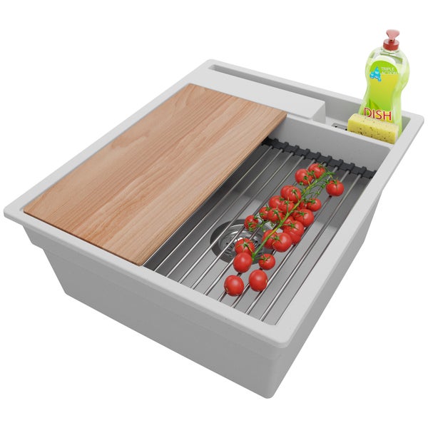 PRIMAGRAN Spülbecken Grau 43x53cm, Granitspüle 1 Becken + Ablauf-Set + Küchenzubehörset, Küchenspüle ab 45er Unterschrank - Oslo Pocket